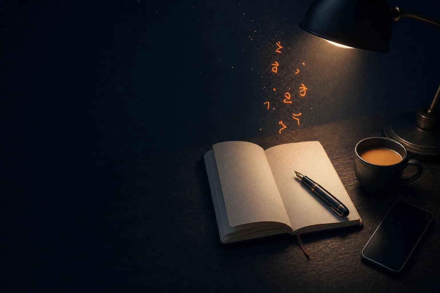 A desk with a notebook, pen and chai under lamp light
