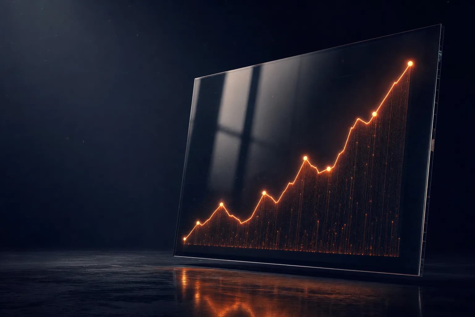 A rising line graph made of light on dark glass