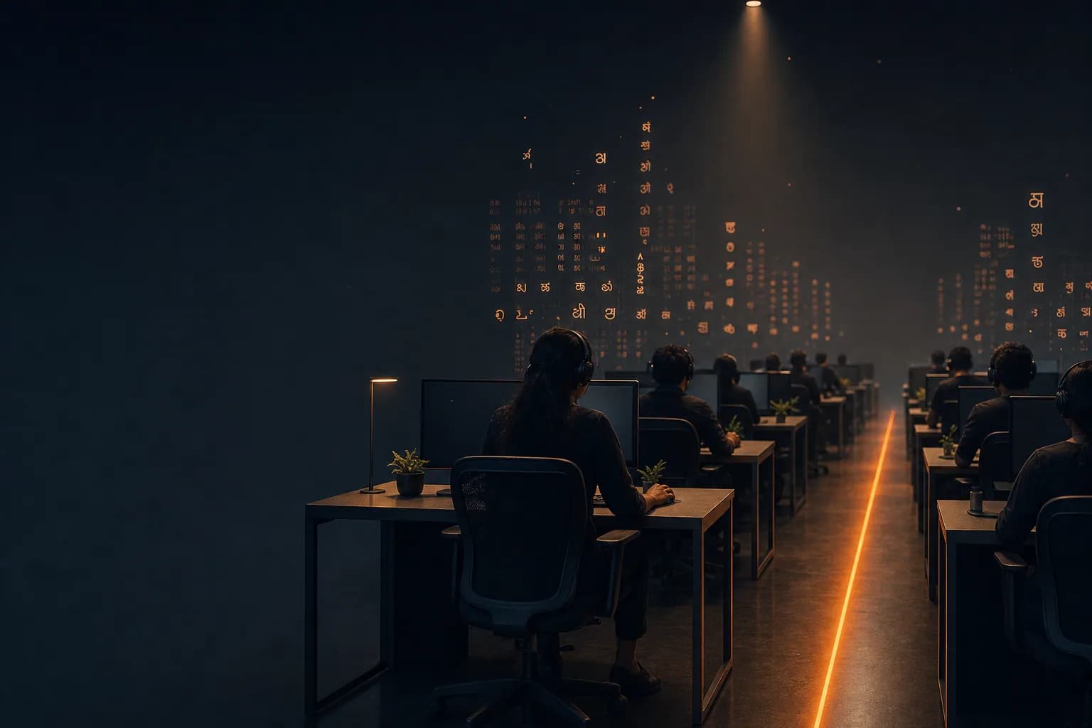A dark annotation studio with rows of trainers at their desks
